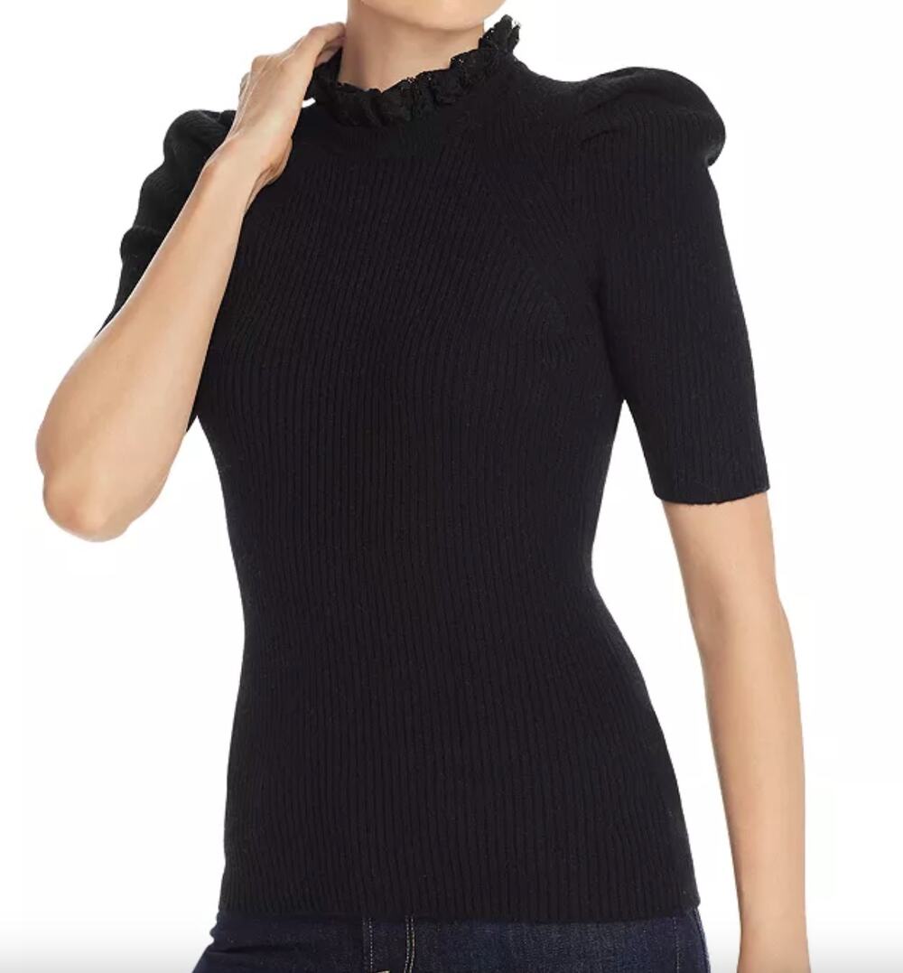 NWT AQUA Cashmere Women's Lace Trim Puff-Sleeve Ribbed Knit Sweater XS NEW